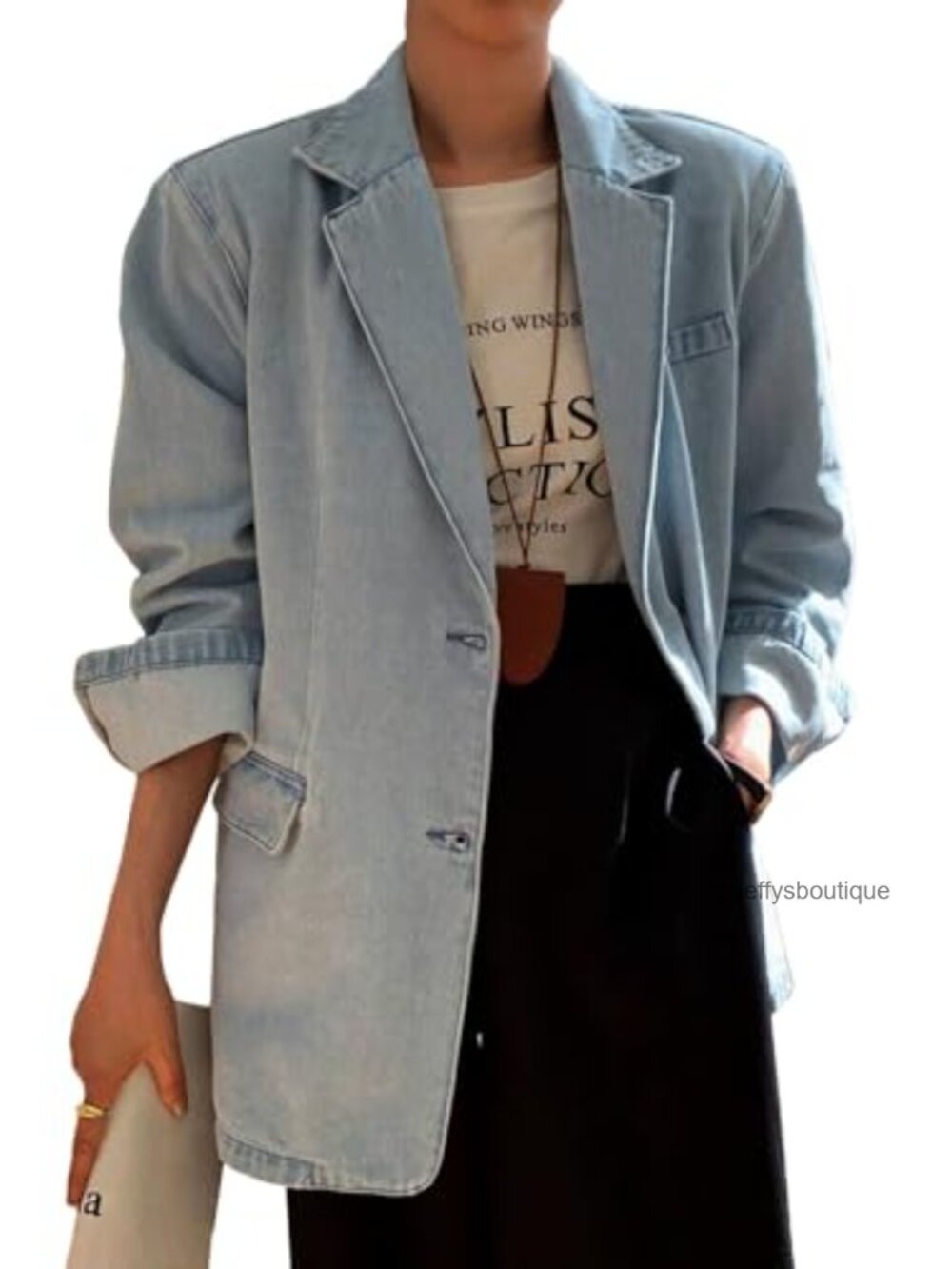 Lightweight Denim Open Front Blazer with Pockets - Business Casual